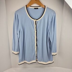 Talbots Plus Charming Cardigan 1X Blue Tipped Trim 3/4 Sleeve Button Front